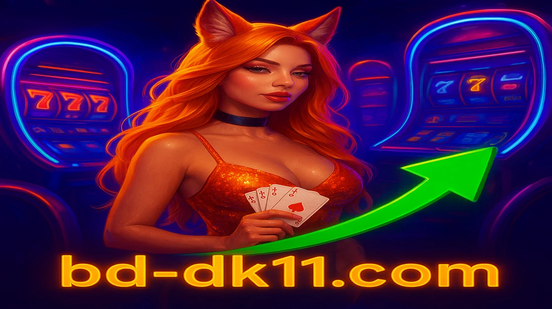 খরগোশের কানের সঙ্গে একটি নারী DK11 গেমিং প্ল্যাটফর্ম অ্যাপে আর্কেড গেমের সামনে গেম খেলছেন, বড় জয় ও লাভের সঙ্কেত হিসেবে উঠতি সবুজ তীর দেখাচ্ছে।