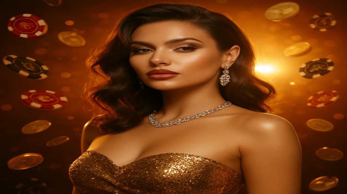 DK11 গেমিং প্ল্যাটফর্মে একটি জৌলুসপূর্ণ নারী, ঝলমলে সোনালি পোশাকে, বিলাসবহুল জয়-অভিজ্ঞতা ফুটিয়ে তুলছেন; তাঁর চারপাশে চকচকে সোনালি কয়েন ও চিপস বৃষ্টির মতো ছড়িয়ে পড়ছে।
