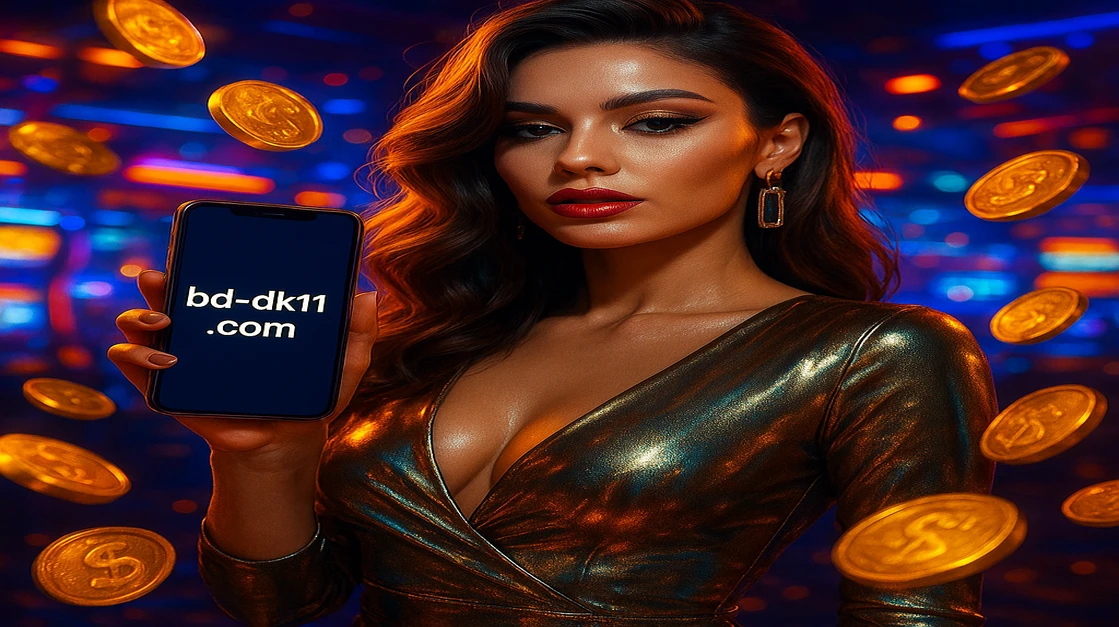একজন নারী DK11 ক্রিপ্টো গেমিং প্ল্যাটফর্মে লগইন করতে একটি স্মার্টফোন ধরে রেখেছেন, চারপাশে জ্বলজ্বল করা বিটকয়েন কয়েন ও একটি ভবিষ্যৎ-গেমিং প্ল্যাটফর্ম পরিবেশ ঘিরে রয়েছে।